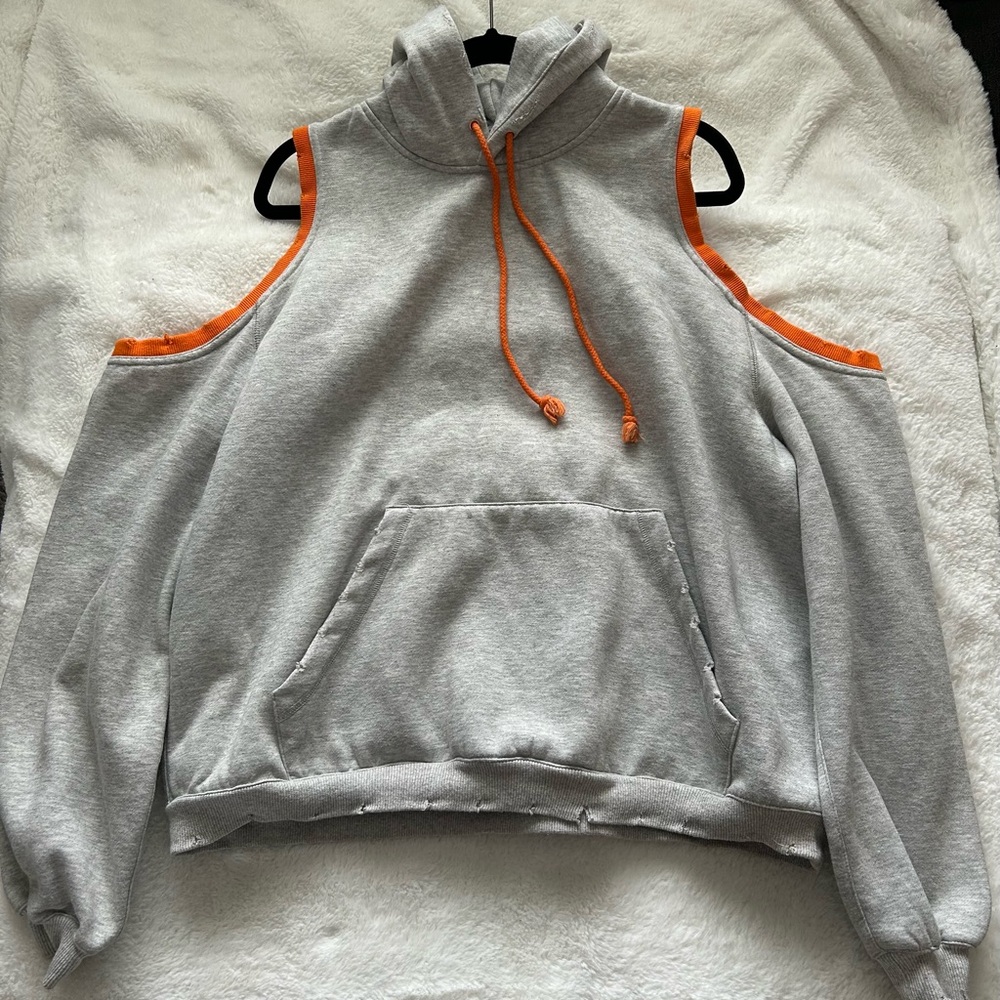 Gray Cold Shoulder Hoodie with Orange Accents